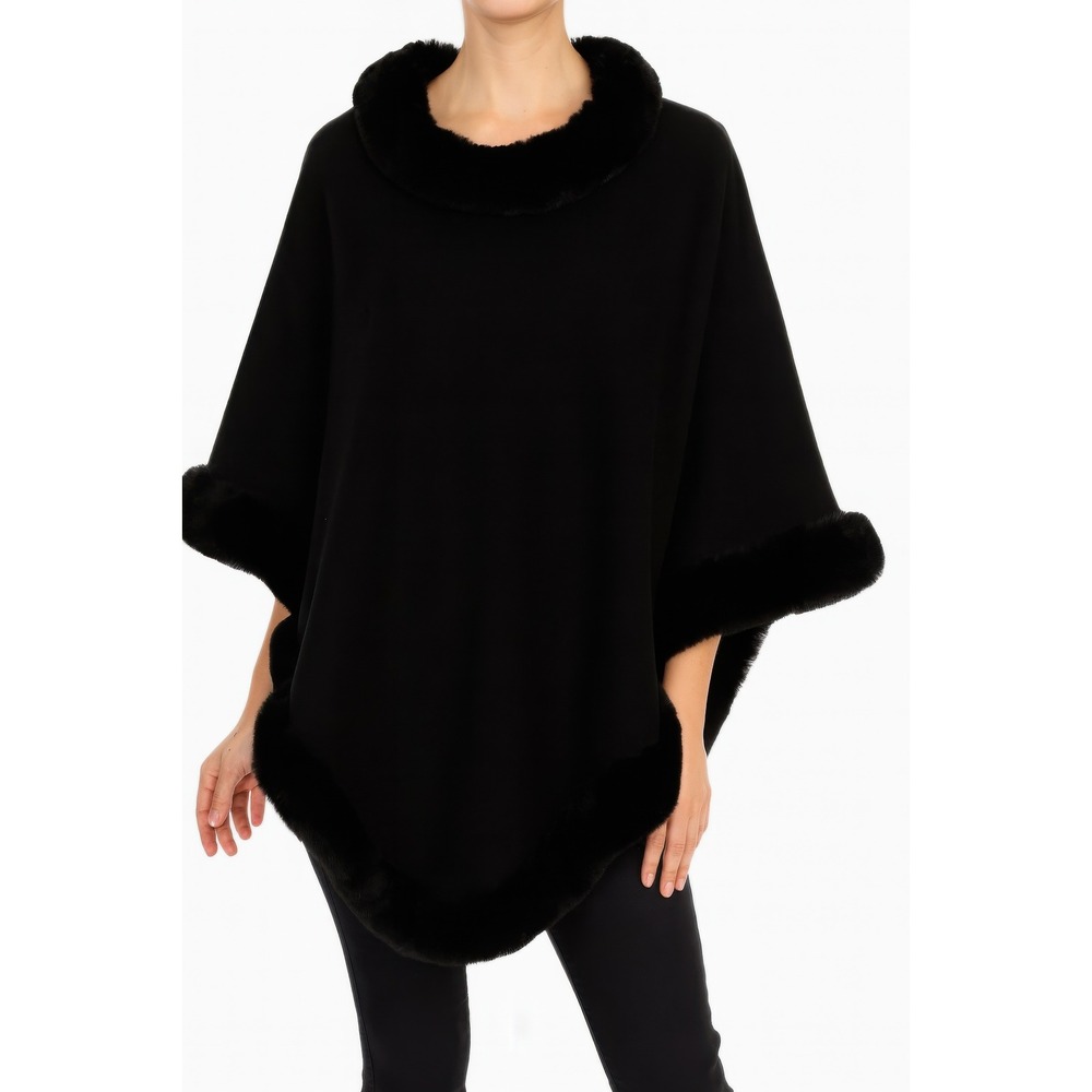 Elegant Black Faux Fur Trim Poncho Cape‎ Wrap Cozy Luxury Evening Wear